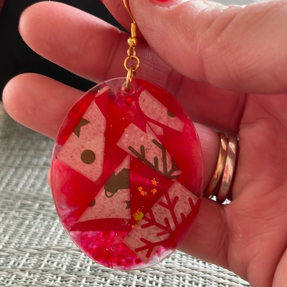 XMAS Handmade Festive Large Holiday Earrings Red Oval - Picture 4 of 9